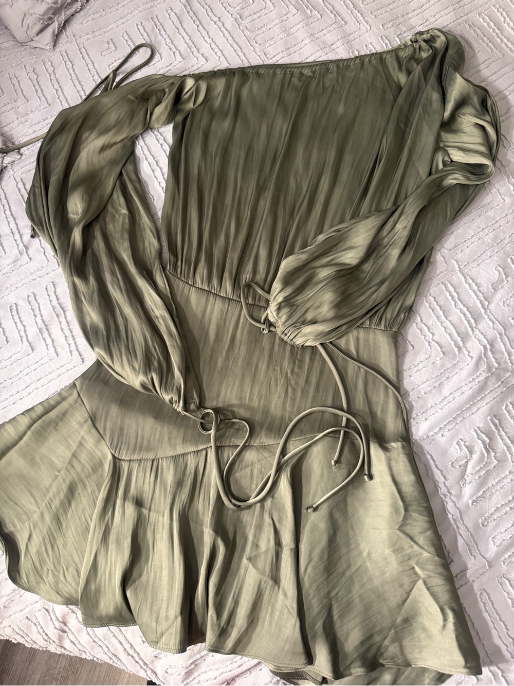 By Together Olive Green Off-the-Shoulder Mini Dress with Balloon Sleeves